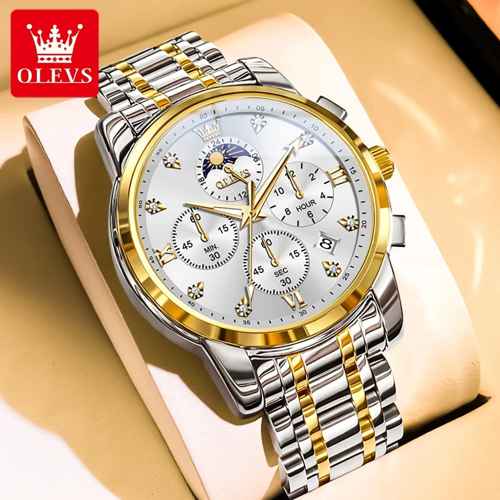 OLEVS 3655 Moon Phase Classic Three Eye Dial Men's Watch Stainless Steel Watch for Male Butterfly Buckle Waterproof Quartz watch