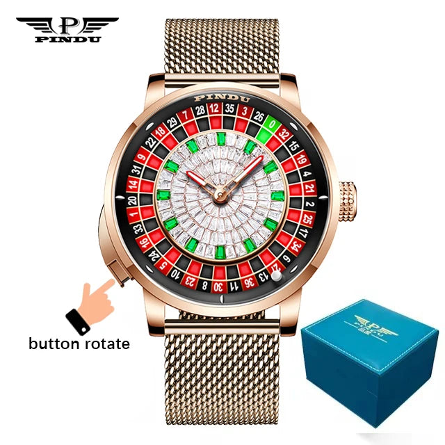 PINDU New Watches European Button Roulette Fun Game Sapphire Glass NH35A Mechanical Watch Diamond Dial Leather Men's Watch P6628