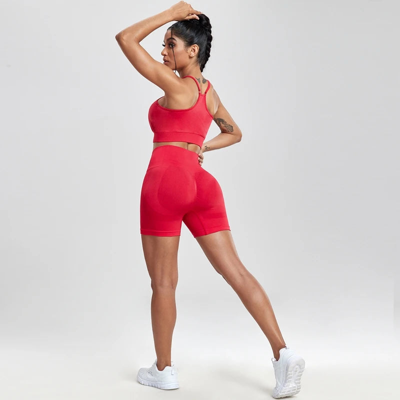 Solid Women Two Piece Sets Peach Buttocks Shorts Female Trackuists Gym Set Halter Fitness Shorts Push Up Bra Summer