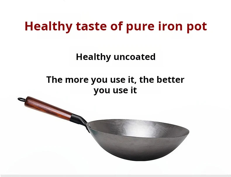 Iron Pot Household Frying Pan Traditional Hand Forged Without Coating Wooden Handle Old-style Non-iron Pot (30cm)