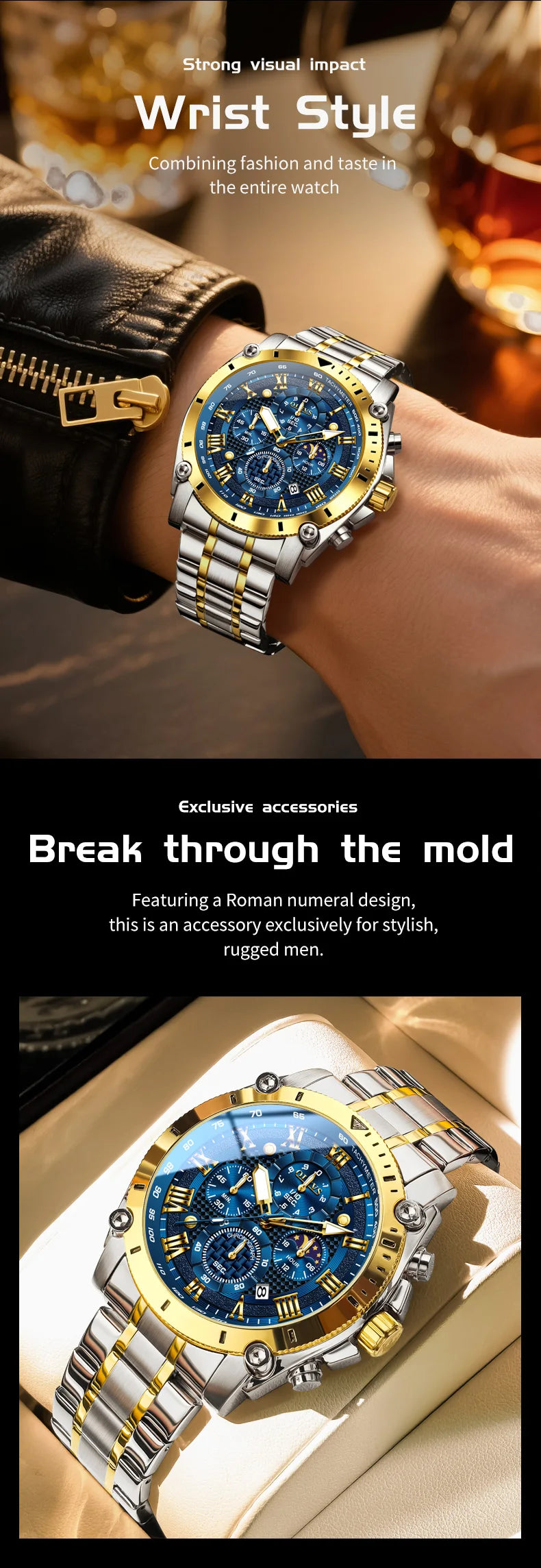 OLEVS 3689 Original Moon Phase Mens Watch Multifunctional Chronograph Quartz Watch  Waterproof Sports Watches For Man Gift Reloj