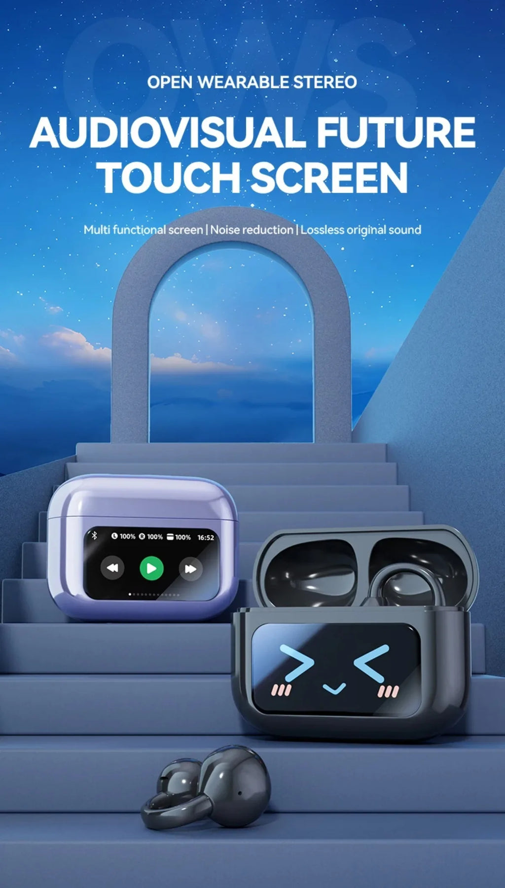 Wireless Ear Clip Earphones with Touch Screen 144 Languages AI Real Time Translation Headphones Smart Bluetooth Earbuds Device