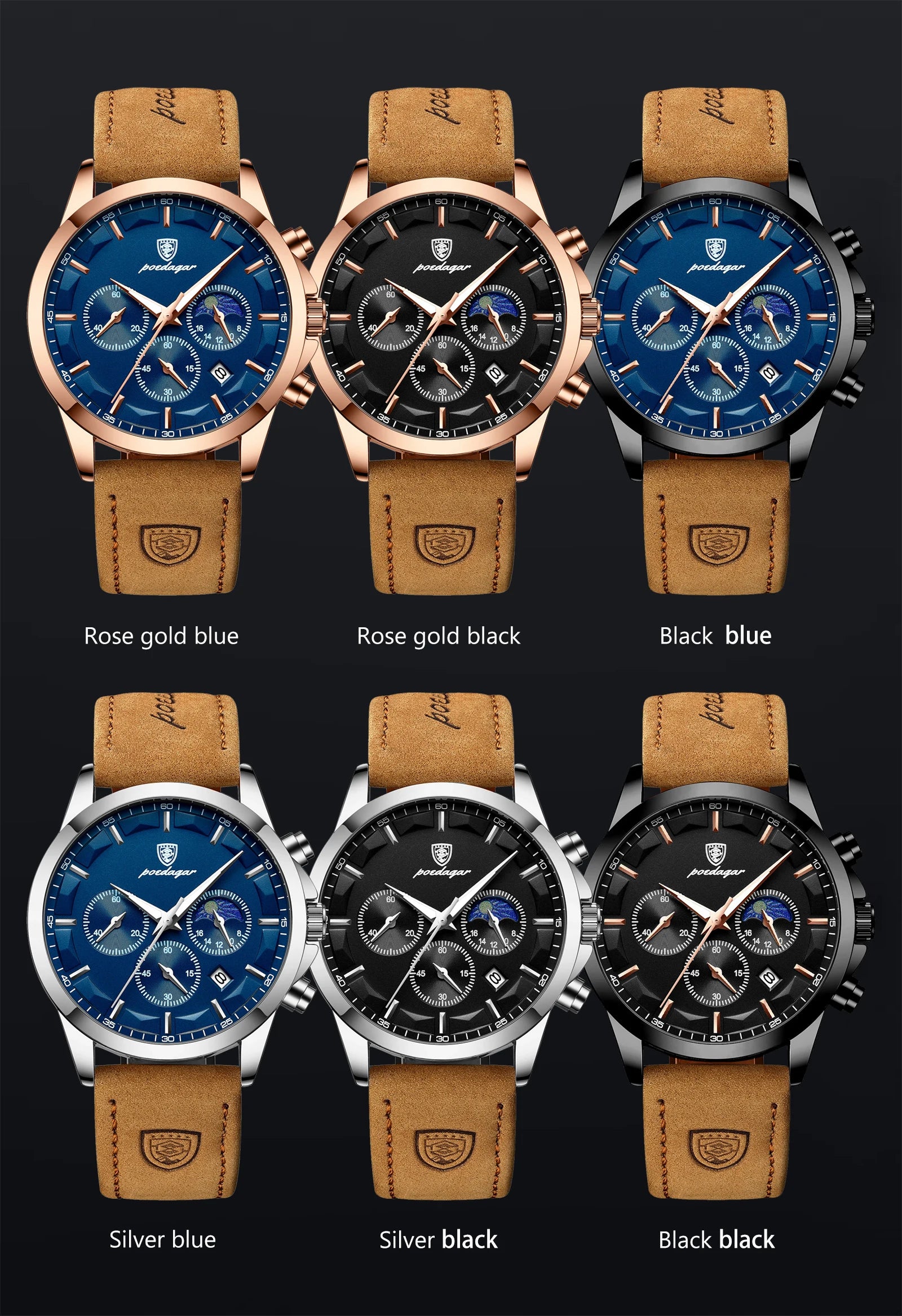 POEDAGAR Sports Luxury Men Quartz Watch Waterproof Chronograph Luminous Date Man Wristwatch Business Leather Men's Watches Clock