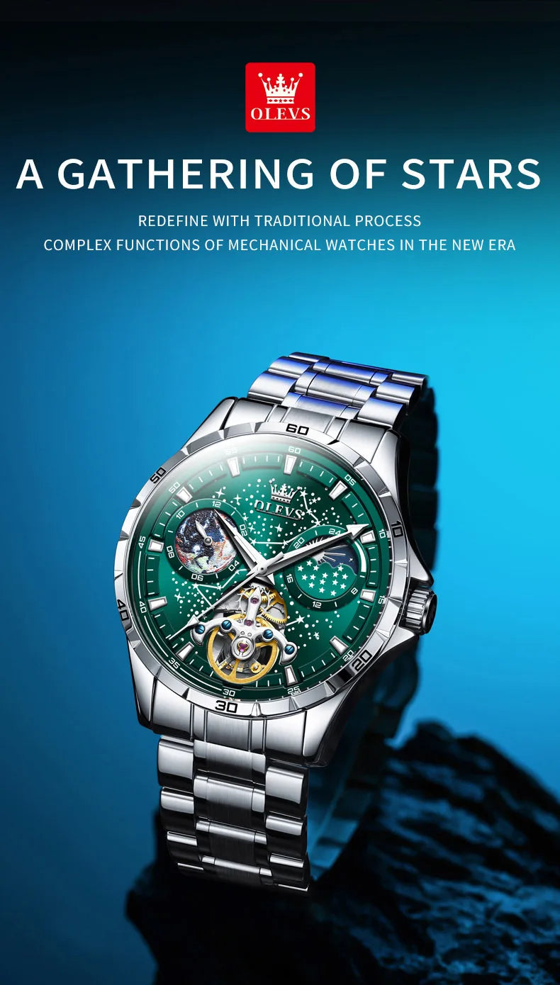 OLEVS Flywheel Skeleton Automatic Watch for Men Luminous Starry Sky Waterproof Business Wristwatch Mechanical Watch