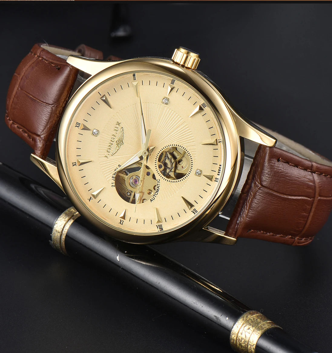 LONGLUX automatic watch elegant style wholesale mechanical wristwatches skeleton rome waterproof  mens watch men gift