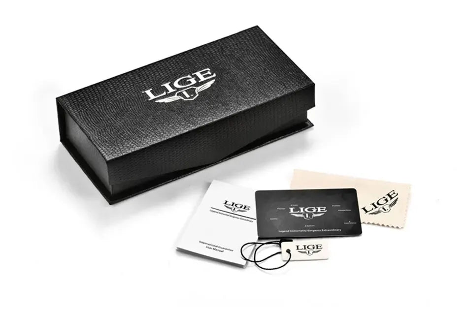 LIGE Luxury Original Men Sports Wrist Watch Gold Quartz Steel Waterproof Dual Display Clock Watches For Men Relogio Masculino