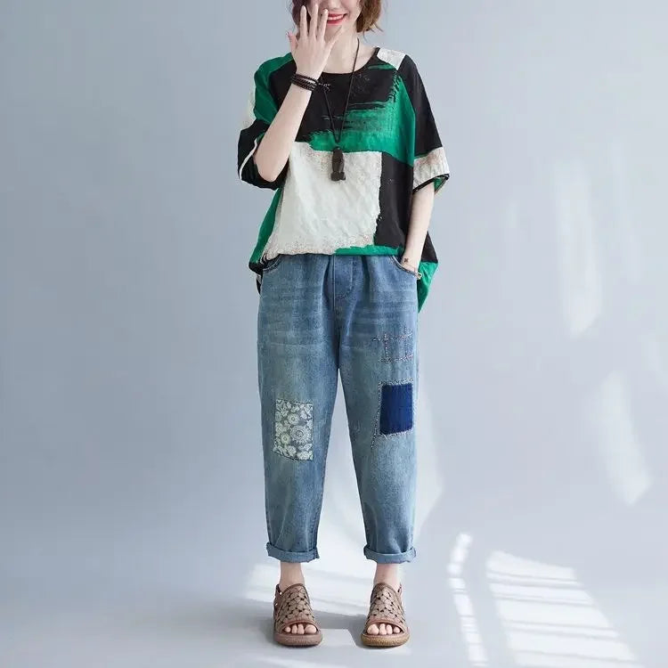 Women Clothing 2025 New Summer Clothing New Style Retro Loose Cotton Linen Short-sleeved T-shirt Top