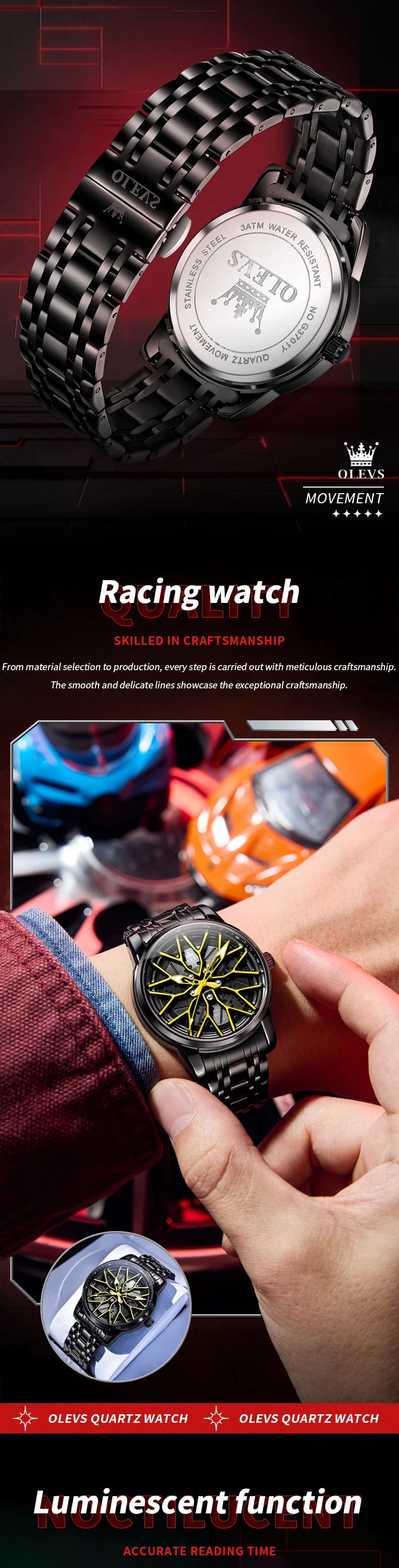 OLEVS 3701 Mens Watch Rotatable Wheel Hub Dial Fashion Quartz Watch Waterproof Luminous Stainless Steel Watches For Man Original