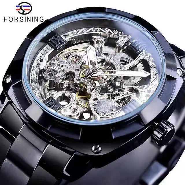 Forsining Square Gold Skeleton Automatic Men Watch Engraved Movement Luminous Hands Mechanical Watches Luxury Stainless Steel