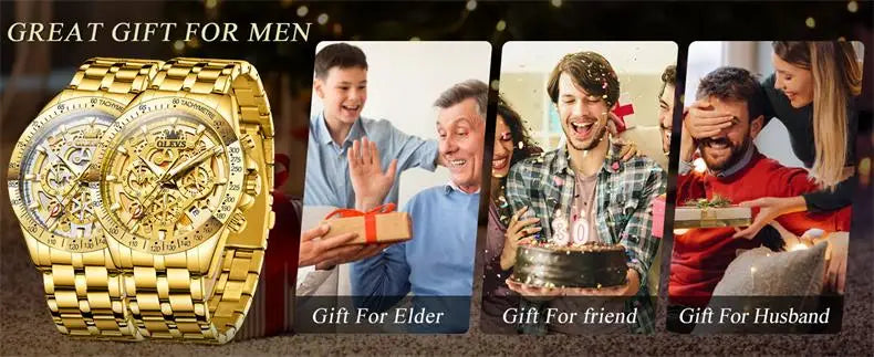 OLEVS Men's Watches Gold Luxury Hollow Out Style Original Quartz Watch for Man Waterproof Luminous Chronograph Date 24 Hours