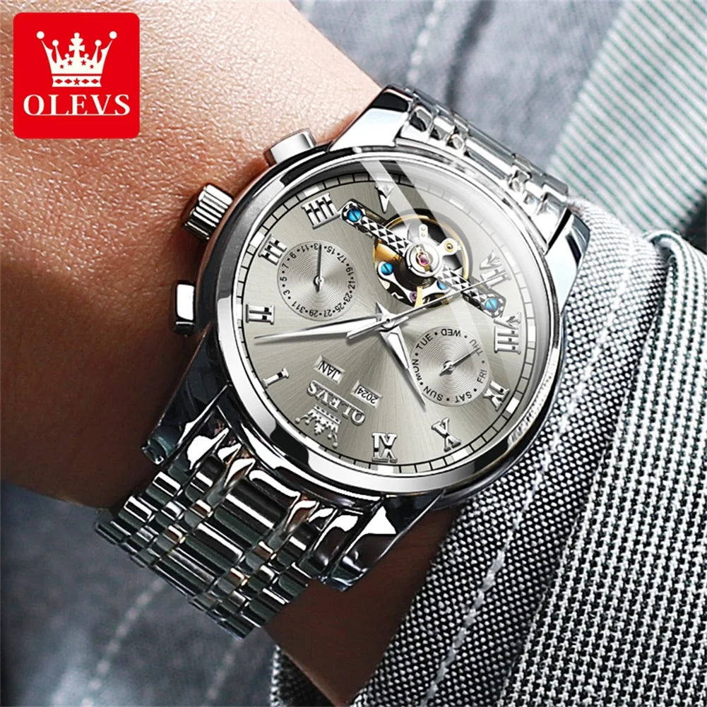 OLEVS 6607 Fully Automaitc Watches Stainless Steel Skeleton Flywheel Dual Calendar Top Luxury Brand Men's Mechanical Wristwatch