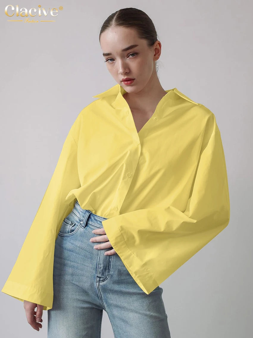 Clacive Fashion Loose White Cotton Women's Blouse 2025 Casual Lapel Long Sleeve Shirt Elegant Classic Solid Top Female Clothing