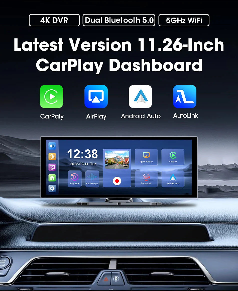 Develuck NEW 11.26 inch 4K DVR Wireless CarPlay and Android Auto Portable Dash Cam Car Screen Video Recorder 5G WIFI Navigation