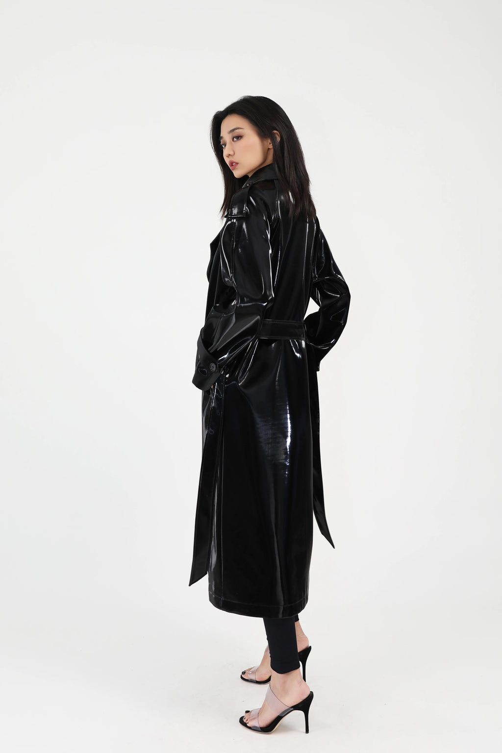 Lautaro Spring Autumn Long Shiny Reflective Patent Leather Trench Coat for Women Sashes Luxury Designer Runway European Fashion