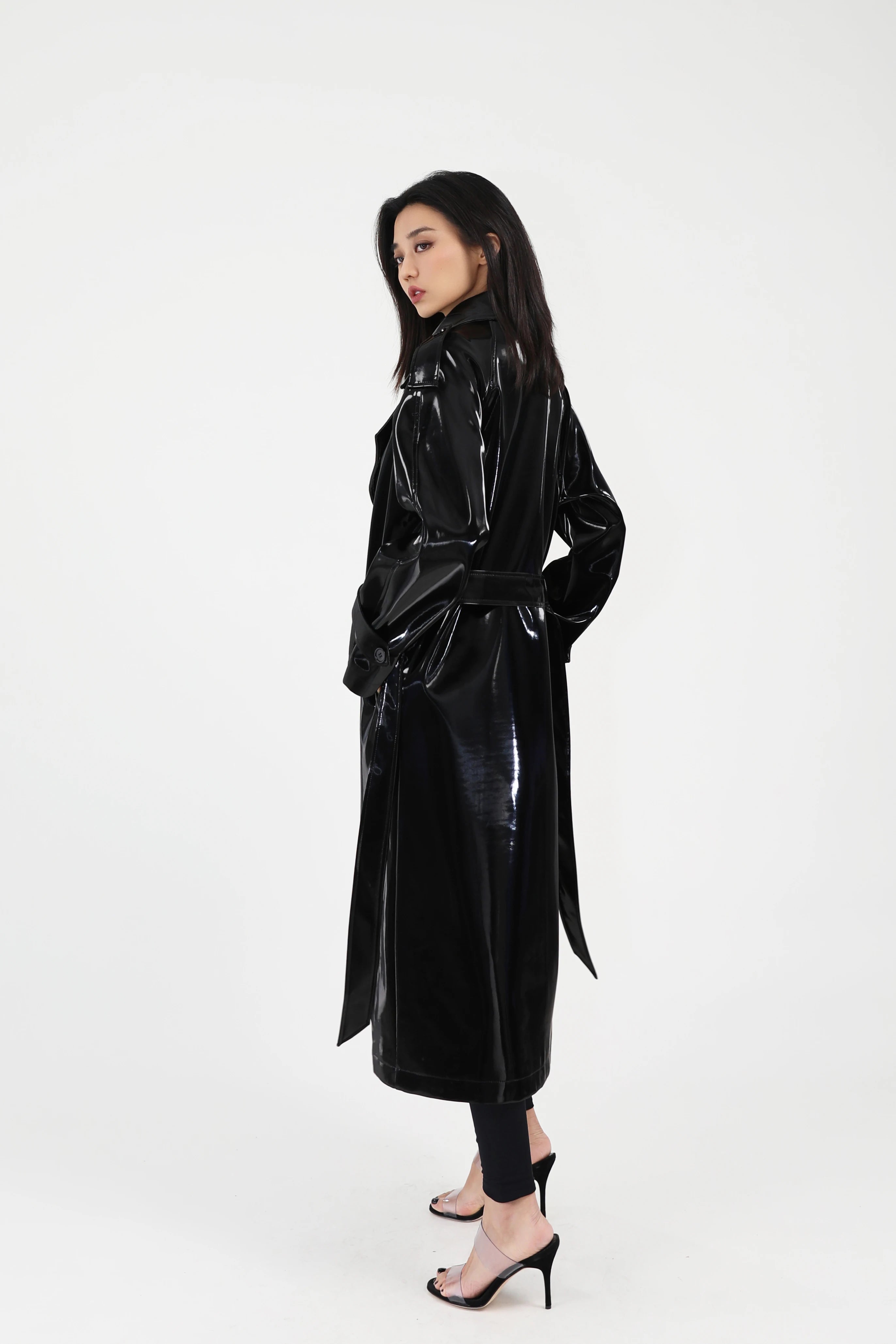 Lautaro Spring Autumn Long Shiny Reflective Patent Leather Trench Coat for Women Sashes Luxury Designer Runway European Fashion