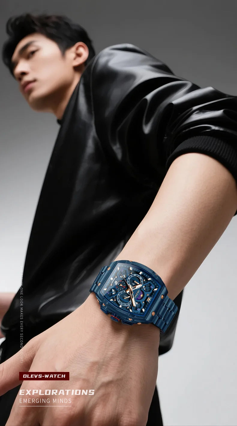 OLEVS 2942 New Mens Watch Original Tonneau Quartz Watch Waterproof Luminous Stainless Steel Watches For Men Gifts Box