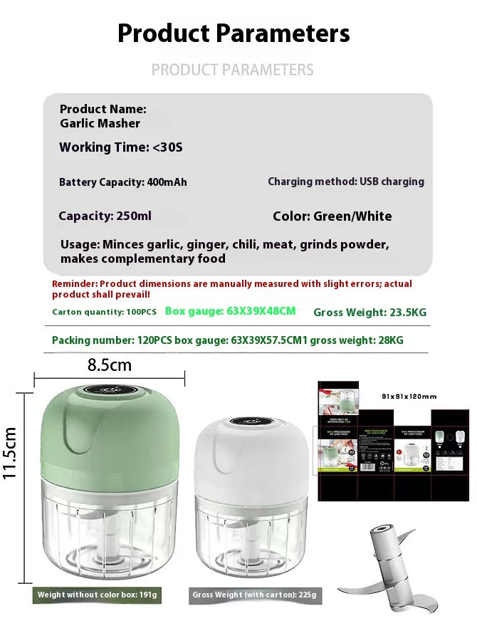 Electric Mini Garlic Vegetable Chopper Garlic Masher Portable Chopper Multi Function Meat Grinder Masher Machine Usb Charging