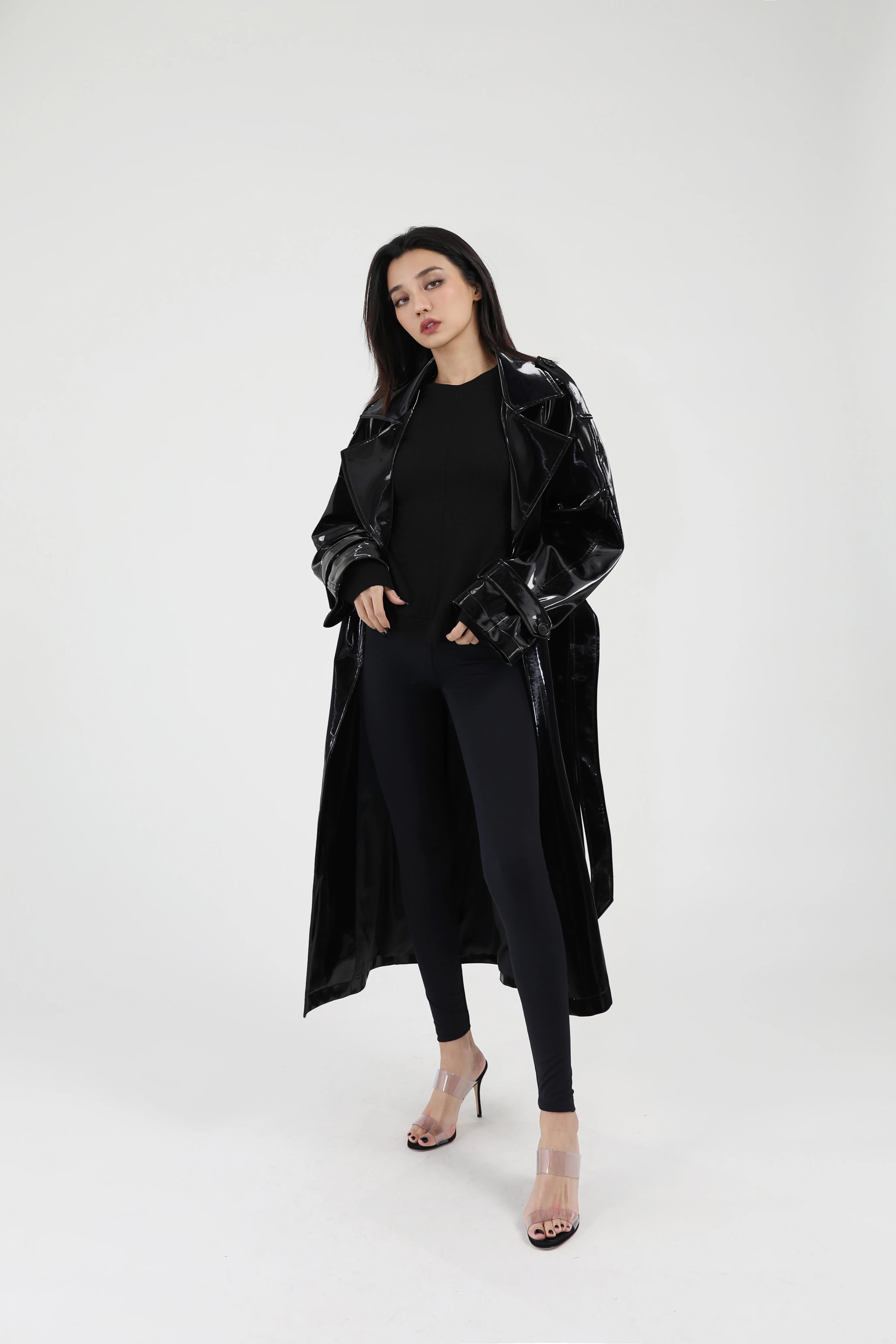 Lautaro Spring Autumn Long Shiny Reflective Patent Leather Trench Coat for Women Sashes Luxury Designer Runway European Fashion