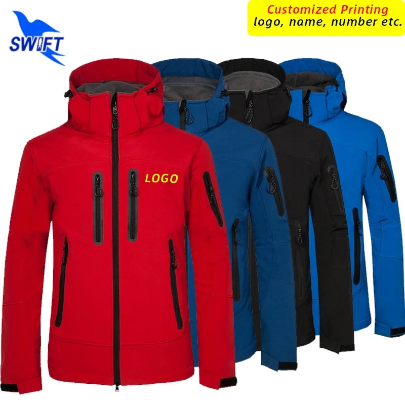 Custom Print New Softshell Jacket Men Waterproof Fleece Thermal Outdoor Hooded Hiking Coat Ski Trekking Camping Hoodie Clothing
