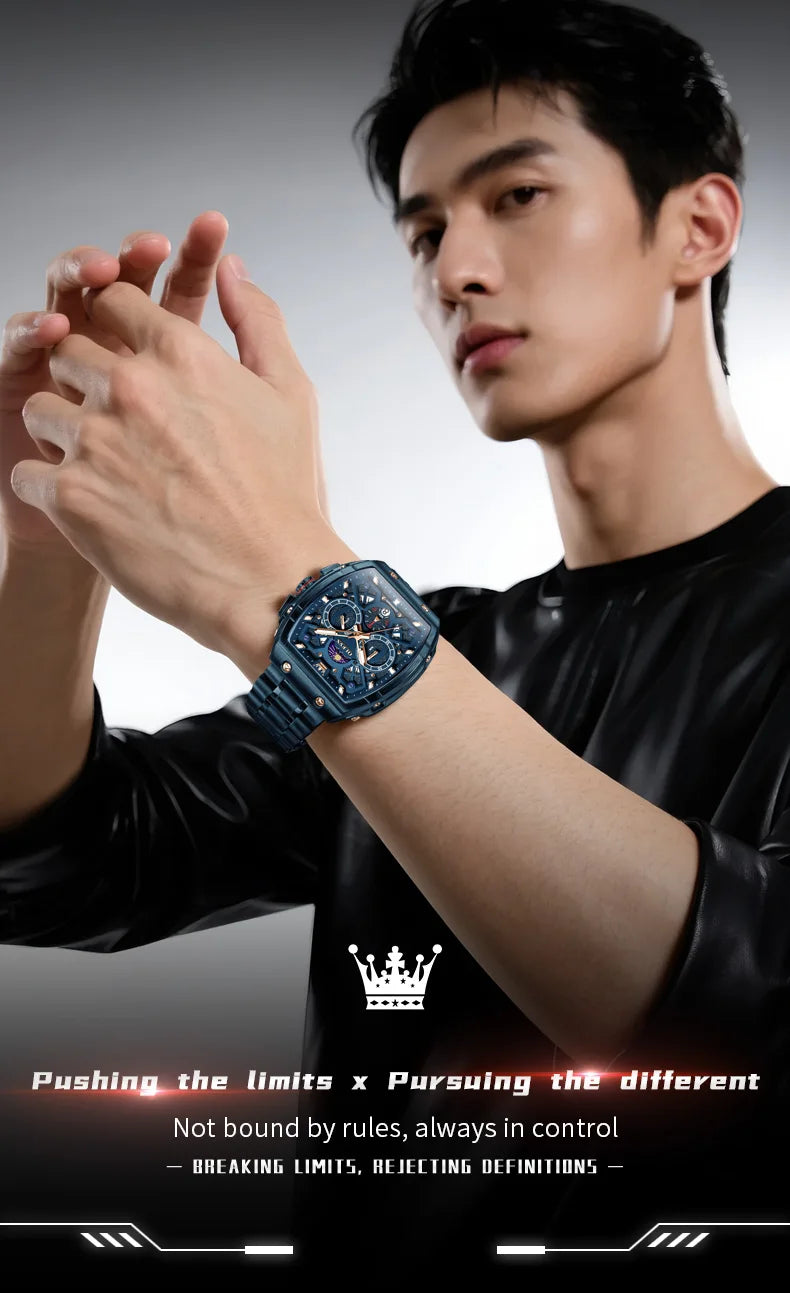 OLEVS 2942 New Mens Watch Original Tonneau Quartz Watch Waterproof Luminous Stainless Steel Watches For Men Gifts Box