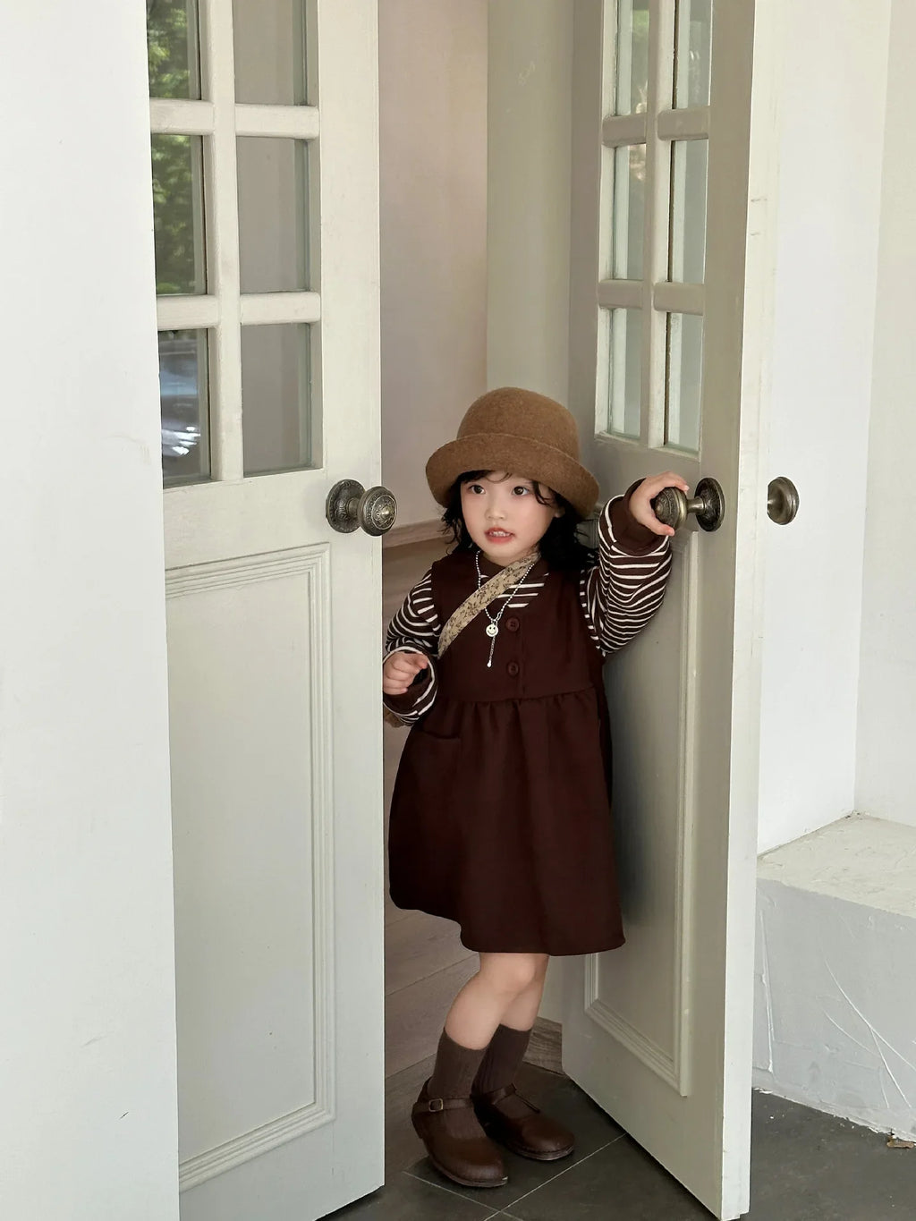 Clothing Suit Girls' Striped Long-Sleeved Sweater Plus Corduroy Vest Skirt  Autumn and Winter Clothing New Suit