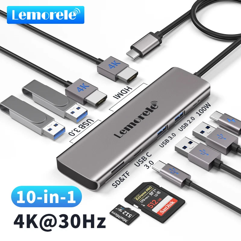 Lemorele 10 Ports USB C HUB Docking Station Type C to Dual HDMI 4K 30Hz PD100W SD/TF for macbook ASUS lenovo laptop
