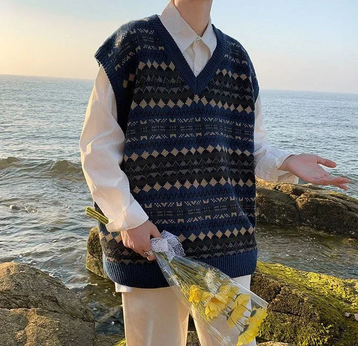 Men's Clothing Plaid Sleeveless Blue Knit Sweater Male Graphic Waistcoat Vest Casual Korean Style Baggy Fashion Stylish Hot A