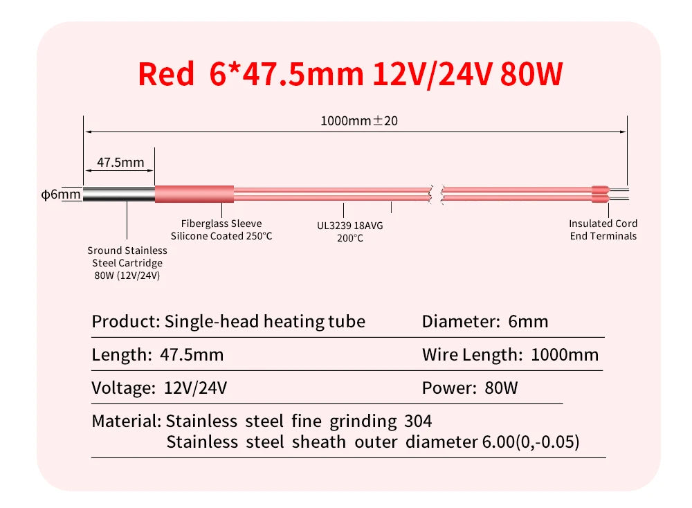 Trianglelab 3D Printer 6*20MM 12V/24V 40W Heater Cartridge With 100CM cable For 3D Printer for PT100 HOTEND Volcano MK8 MK9
