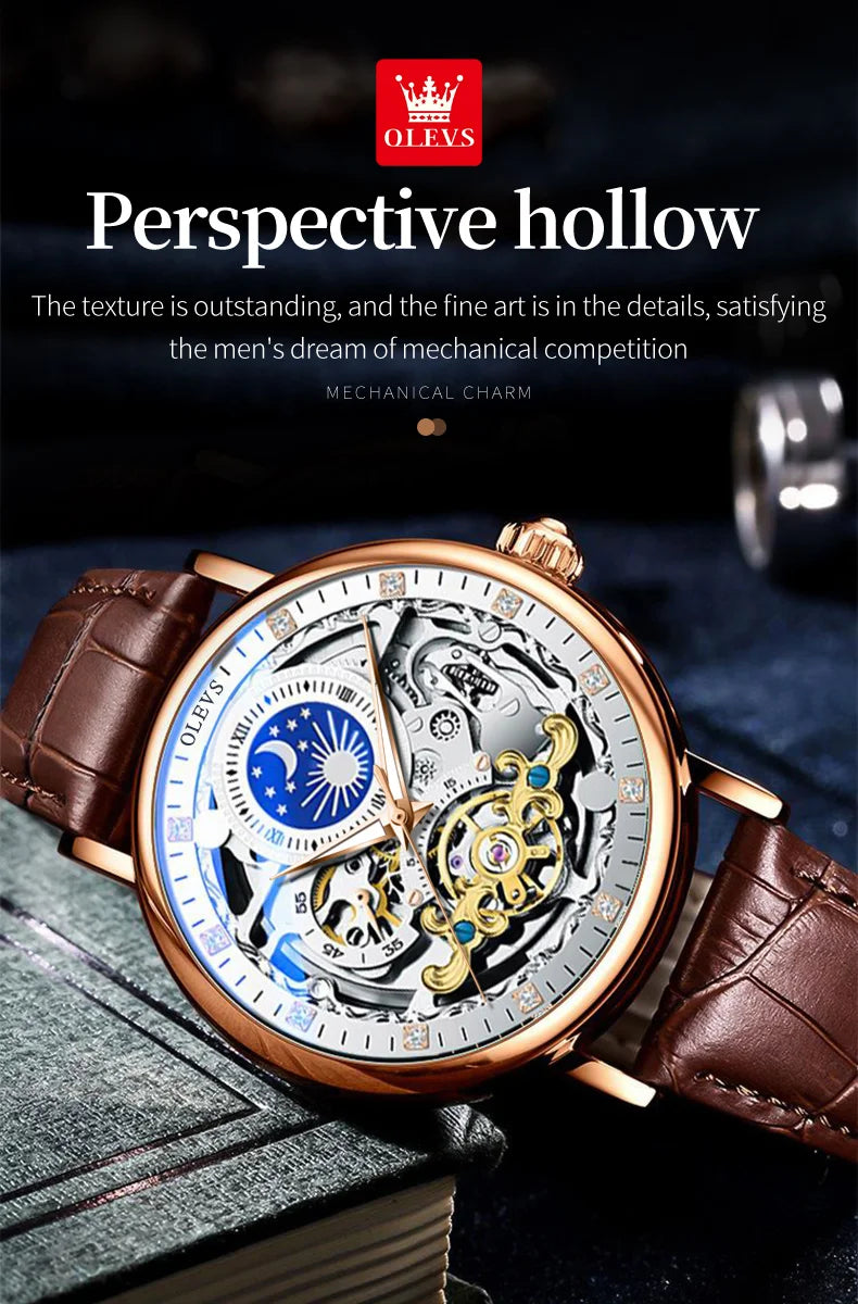 OLEVS Moon Phase Mechanical Watch Men with Waterproof Automatic Skeleton Mens Watches Top Brand Luxury Tourbillon Wristwatch Men