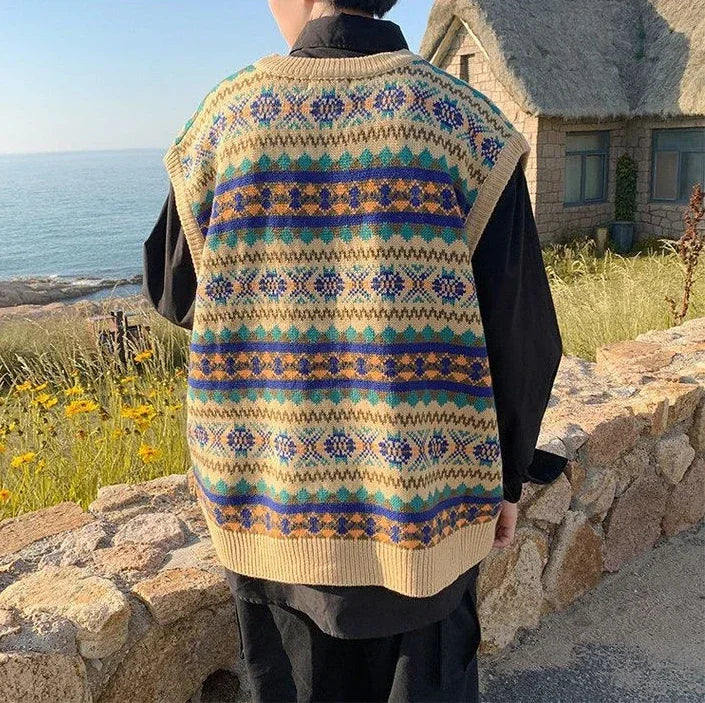 Men's Clothing Plaid Sleeveless Blue Knit Sweater Male Graphic Waistcoat Vest Casual Korean Style Baggy Fashion Stylish Hot A