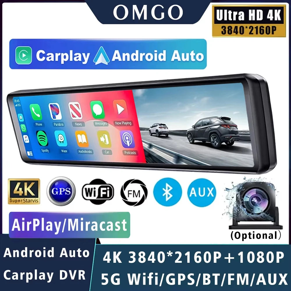 11.26" 4K 2160P Car Dvr Carplay Android Auto Dash Cam GPS WIFI BT FM Stream Rear View Mirror Dashcam Dvrs Camera Drive Recorder