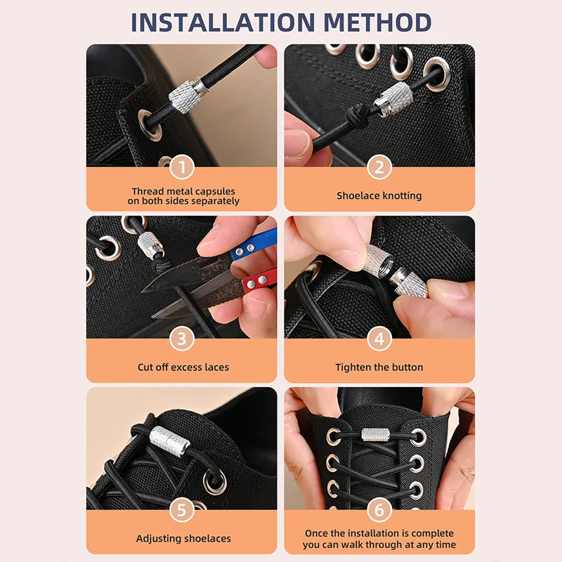 No Tie Shoe Laces Threaded Button Black White Fashion Without Ties Elastic Laces Sneaker Kids Adult