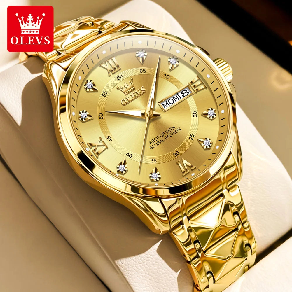 OLEVS Men's Watch No.2906 Fashion Business Original Quartz Watches Rhombus Stainless Steel Waterproof Luminous Week Date Display