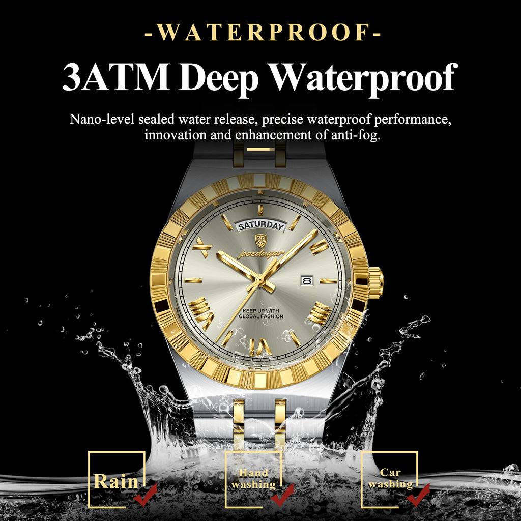 POEDAGAR Luxury Business Man Watch Week Date Waterproof Luminous Watches For Men Stainless Steel Quartz Men's Fashion Wristwatch