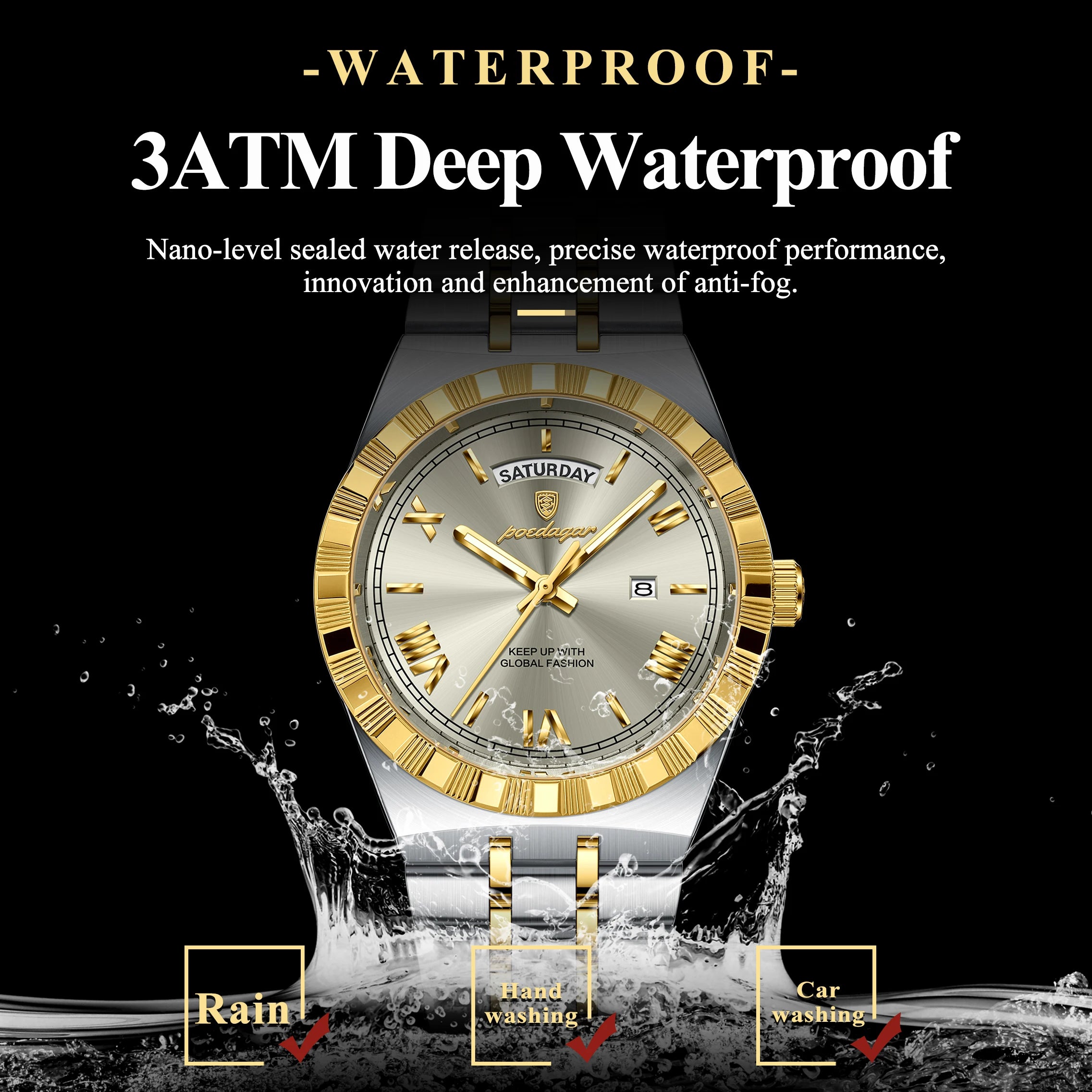 POEDAGAR Luxury Business Man Watch Week Date Waterproof Luminous Watches For Men Stainless Steel Quartz Men's Fashion Wristwatch