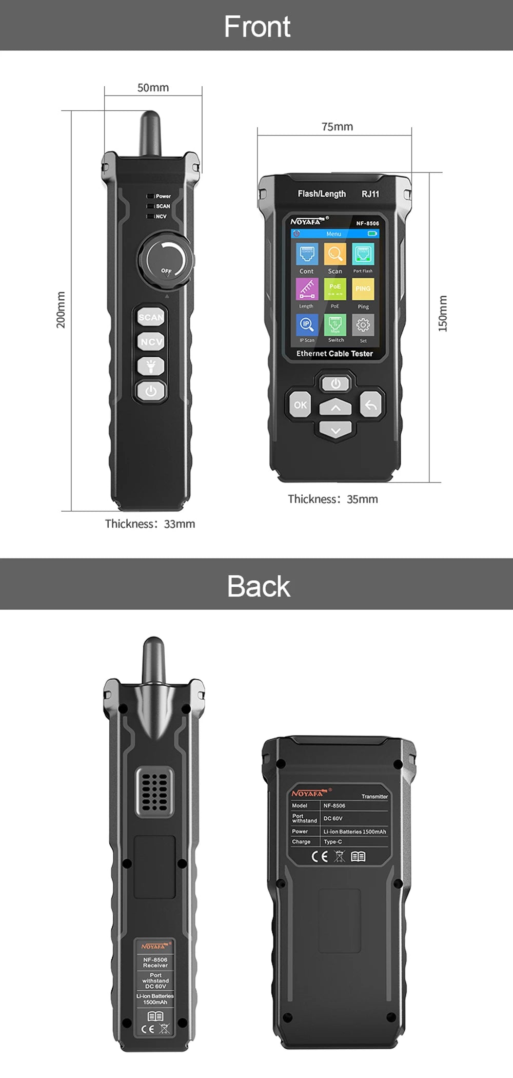 NOYAFA NF-8506 Network Cable Tester Multifunction Cable Tracker Support PING test/IP scan/Poe Measure Length Wiremap Tester