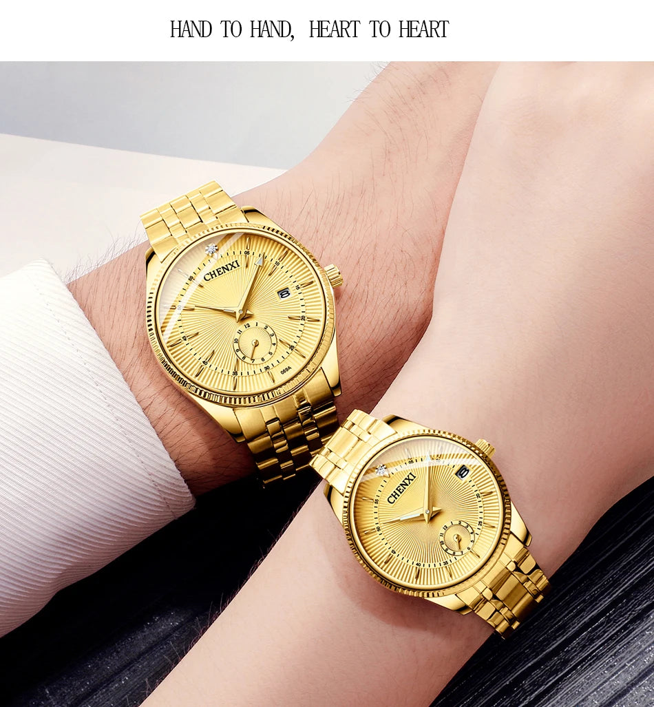 CHENXI Luxury Brand Casual Couple Watch Golden Stainless Steel Quartz Watch for Men's and Women's Waterproof Luminous Wristwatch