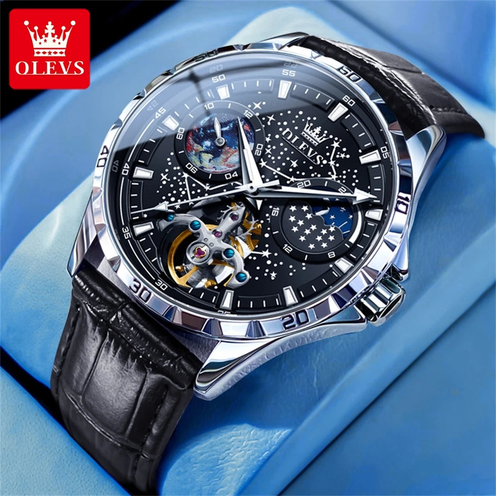 OLEVS Flywheel Skeleton Automatic Watch for Men Luminous Starry Sky Waterproof Business Wristwatch Mechanical Watch