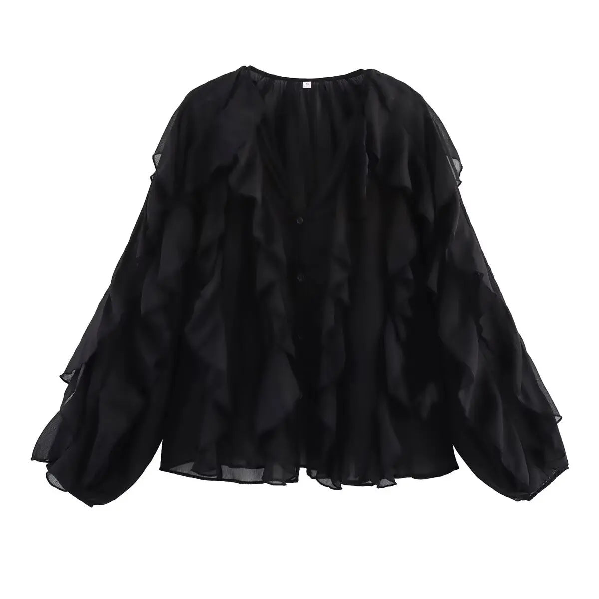 Women's clothing 2025 European new fashion design and ruffled layered decorative V-neck shirt