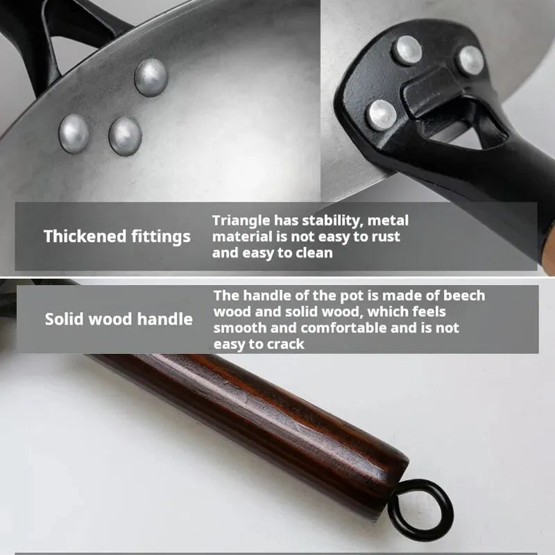 Iron Pot Household Frying Pan Traditional Hand Forged Without Coating Wooden Handle Old-style Non-iron Pot (30cm)