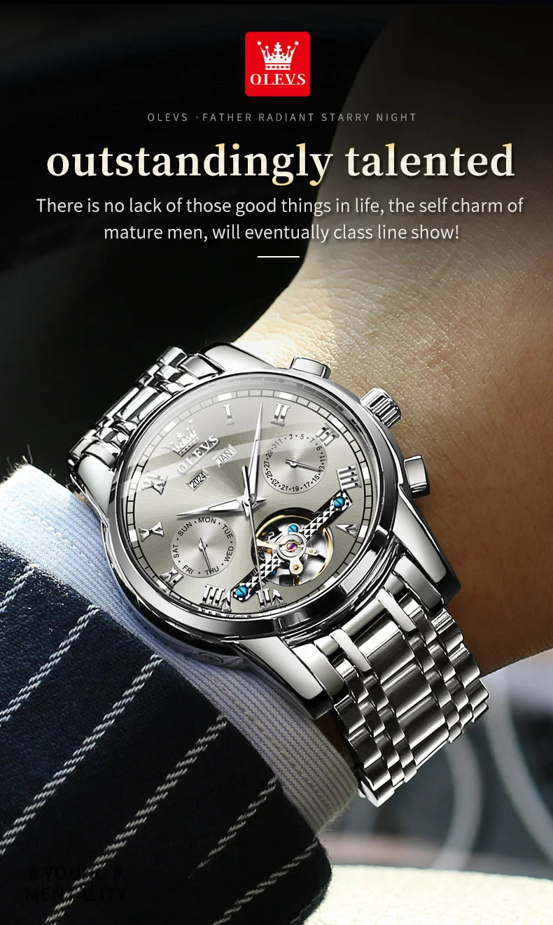 OLEVS 6607 Fully Automaitc Watches Stainless Steel Skeleton Flywheel Dual Calendar Top Luxury Brand Men's Mechanical Wristwatch