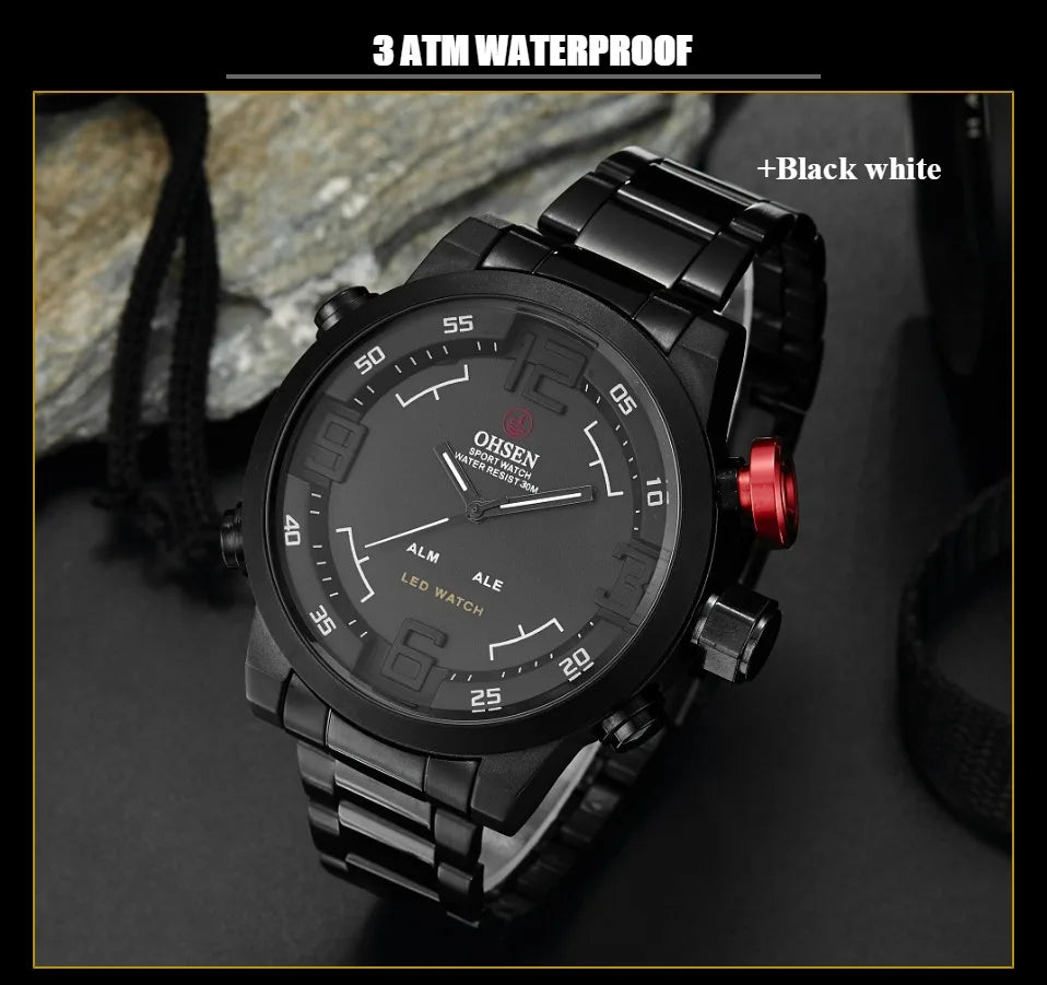 Fashion Sport Watch Men Digital Quartz LED Steel Strap Man Dual Time Watch 3ATM Waterproof Military Wristwatches Relogios