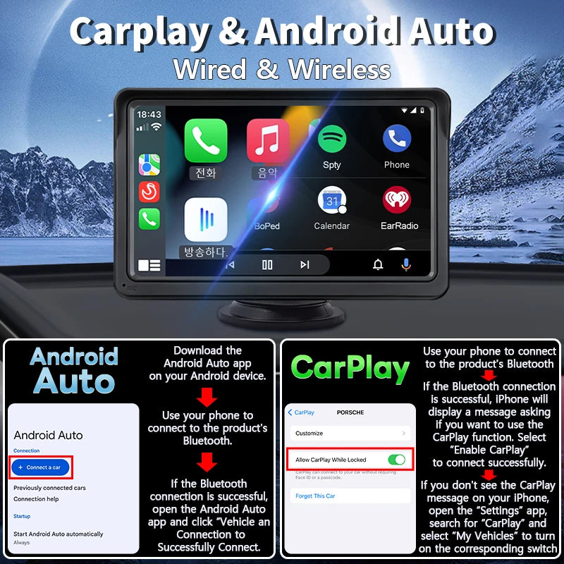 Hippcron 7inch Car Radio Multimedia Video Player Wireless Carplay And Wireless Android Auto Portable Universal Touch Screen