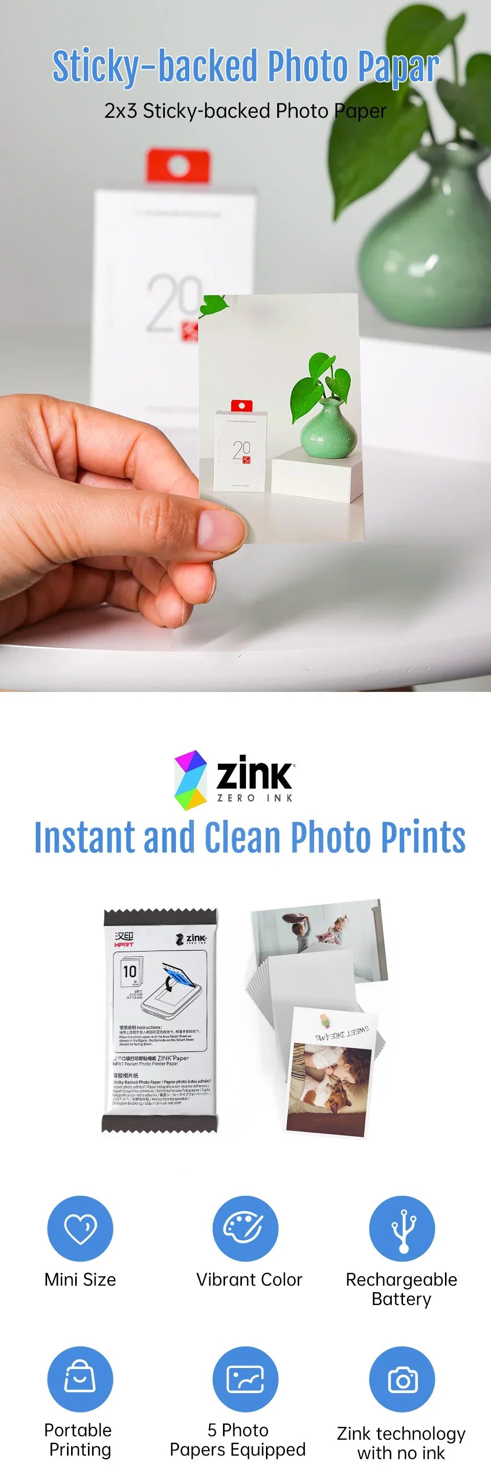 HPRT MT53 Printer Special Photo Paper, Photo Paper, Adhesive Backing Self-adhesive 20 Sheets /40 Sheets