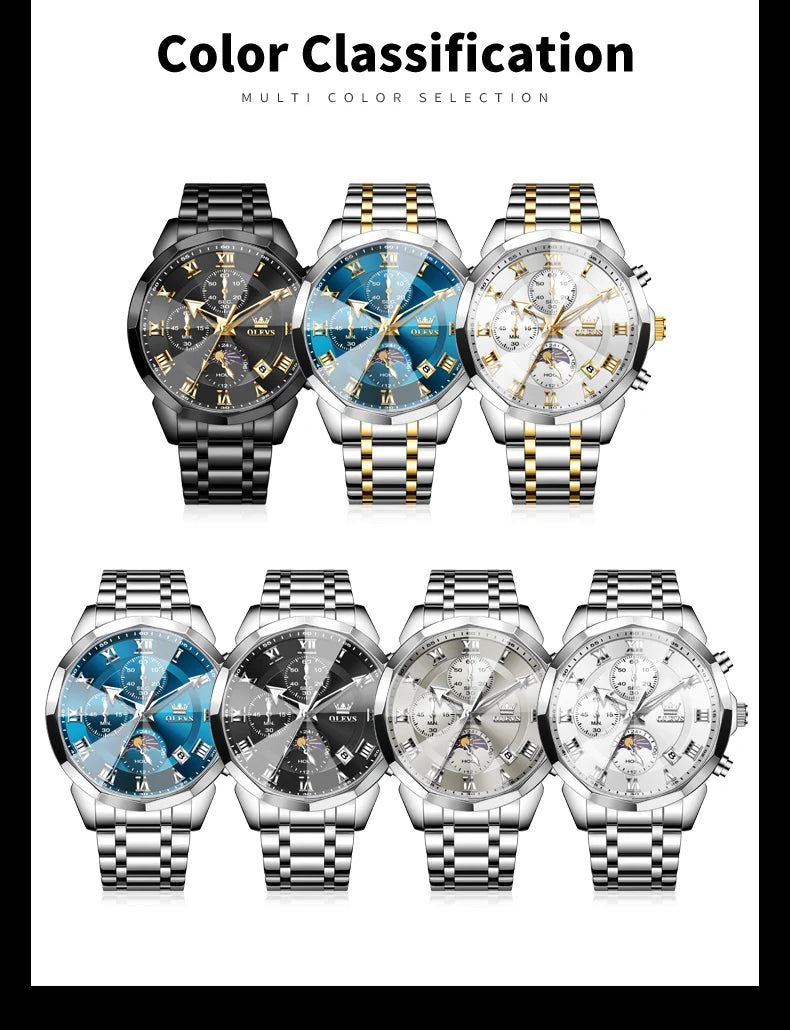 OLEVS 3675 Mens Watch Original Multifunctional Chronograph Quartz Watch Moon Phase Watches For Men Waterproof Mens Gifts Reloj