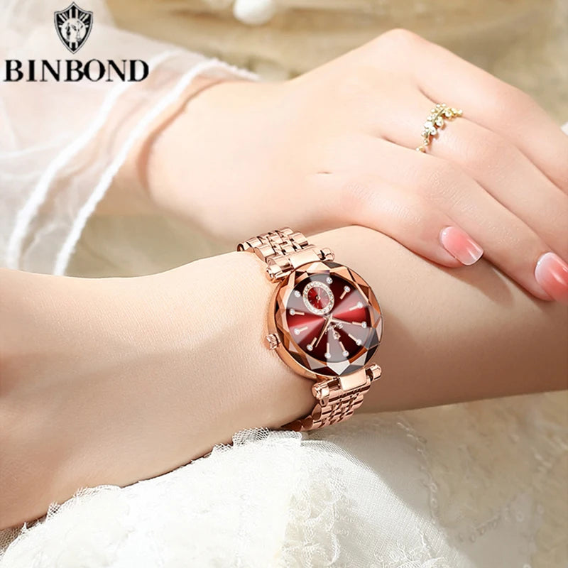 BINBOND Fashion Elegant Women Quartz Watches Original Heart Of The Ocean Design Waterproof Luminous Diamond Lady Casual Watches
