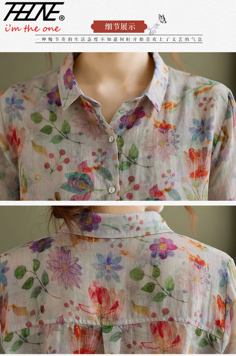 Women's Clothing Shirts Blouse Camisas Women Shirts Vintage Blusa Mujer Cotton Linen Casual Print Long Sleeve Flower Autumn