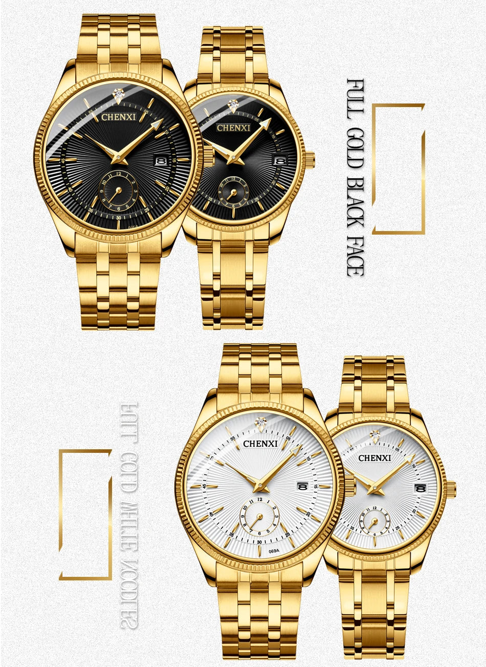 CHENXI Luxury Brand Casual Couple Watch Golden Stainless Steel Quartz Watch for Men's and Women's Waterproof Luminous Wristwatch