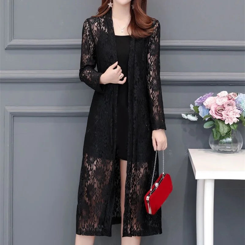 Women Lace Cardigan Mid-length Summer Mesh Shawl Loose Over-the-knee Sun Protection Clothing Women Jacket Shirt Outerwear