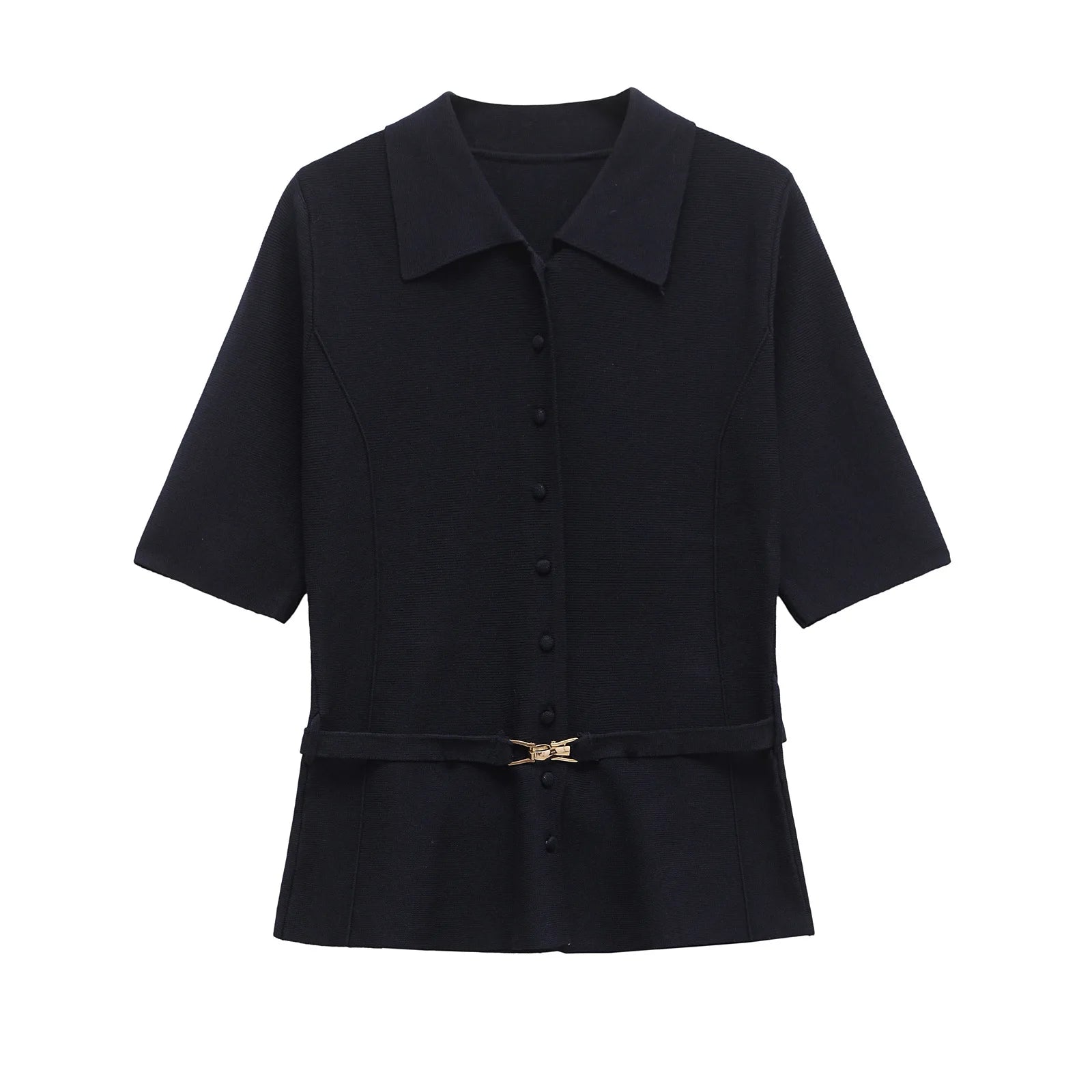 Women's clothing 2025 summer new European and American style women's clothing new solid color belt decorative flat-pin lapel top